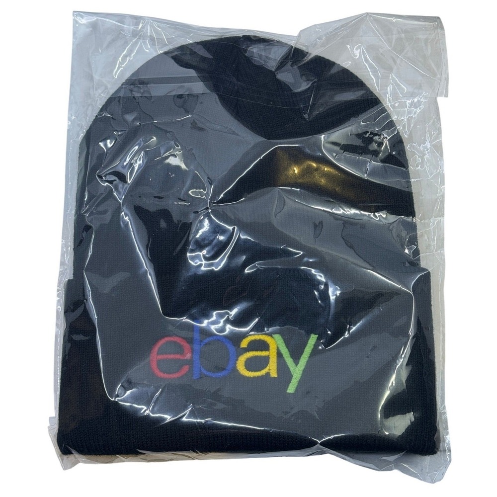 eBay Logo Beanie Hat Black Knit Cuffed Embroidered Multi Color Promo Headwear